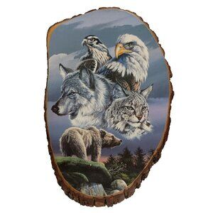 Vintage Hand Carved Slice Of Wood Wolf Animal Collage Wall Art Plaque Painted